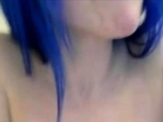 Blue haired girl rubs ice and plays with dildo